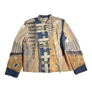 Vtg 1990s Sandy Starkman Beige Blue Abstract Patchwork Mandarin Collar Jacket M